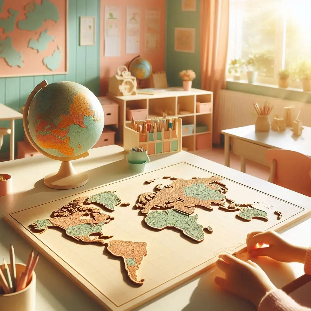 Kids assembling wooden map puzzle class